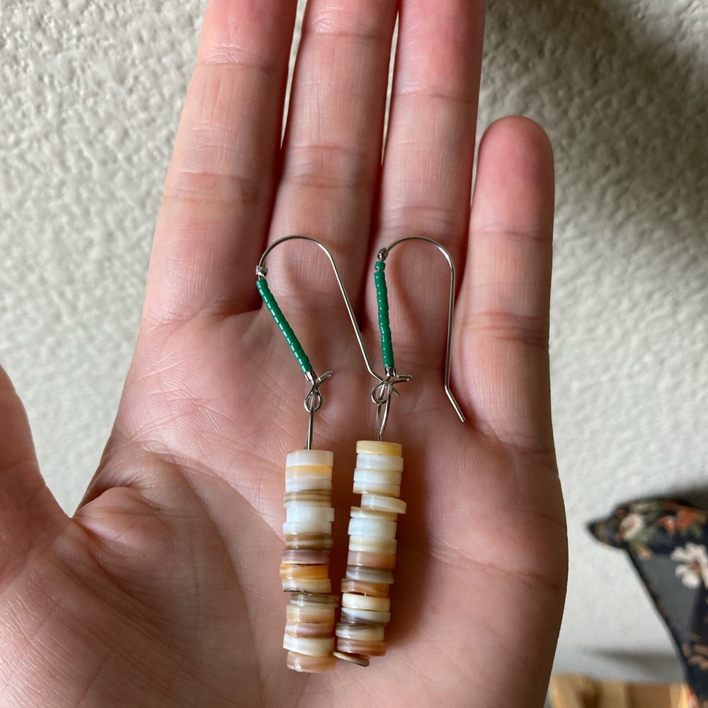Handmade Shell Heishi Drop Earrings with Jade Green Seed Beads